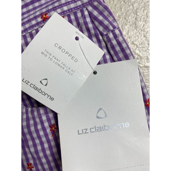 Liz Claiborne Women Cropped Pants Purple Gingham Plaid Floral Embroidered Size 8 - Picture 6 of 15